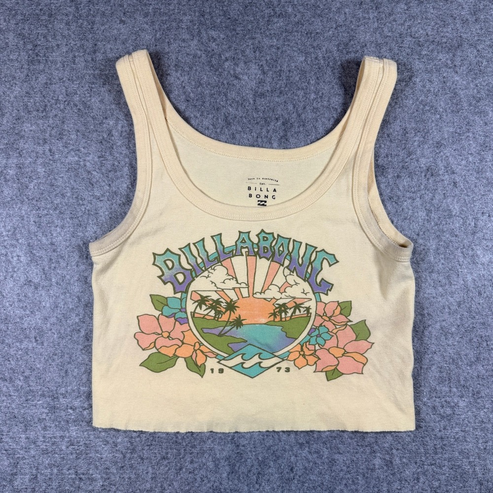 Billabong Womens Tropical Graphic Crop Tank Top Medium Yellow Ribbed Knit